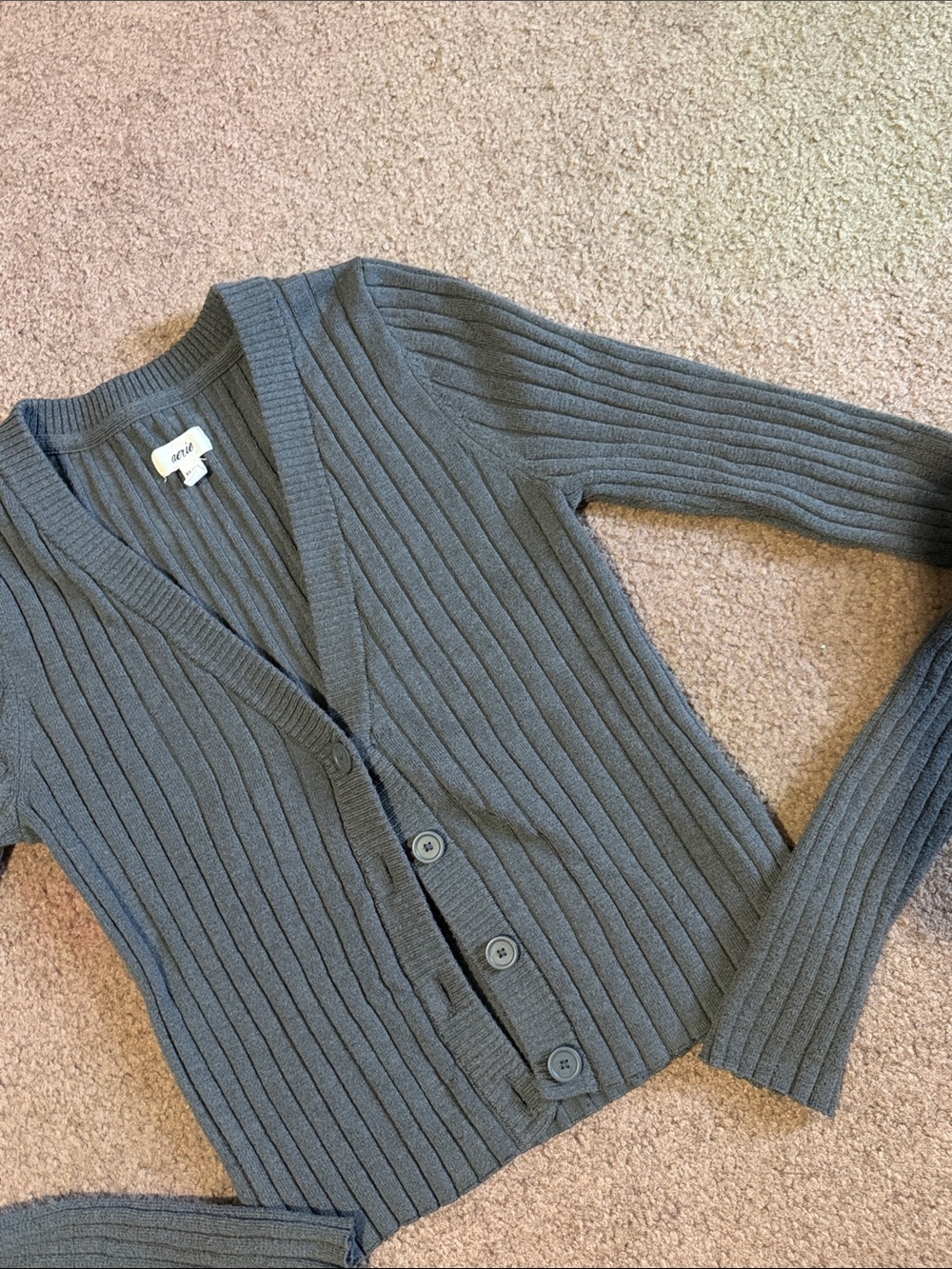 aerie Charcoal Ribbed V-Neck Button-Up Cardigan - Picture 3 of 4